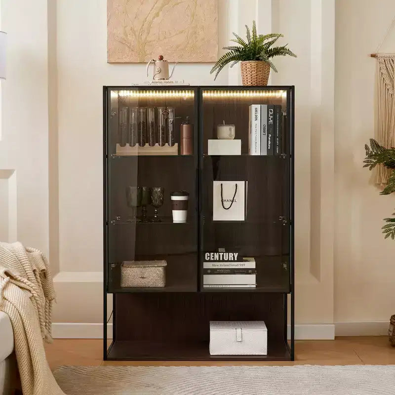 51.25'' Tall LED Lighted Display Cabinet with Tempered Glass Door, Modern Metal Frame Curio Bookshelf for Living Room, Office/Study, Black-ModernLuxe