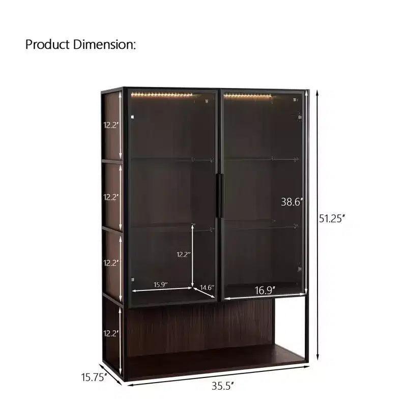 Meuble d'exposition lumineux à LED de 130 cm de haut avec porte en verre trempé, bibliothèque moderne avec cadre en métal pour salon, bureau/cabinet d'étude, noir - ModernLuxe