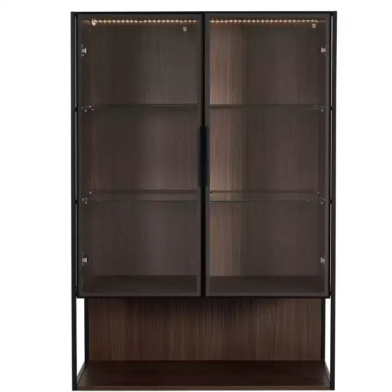 Meuble d'exposition lumineux à LED de 130 cm de haut avec porte en verre trempé, bibliothèque moderne avec cadre en métal pour salon, bureau/cabinet d'étude, noir - ModernLuxe