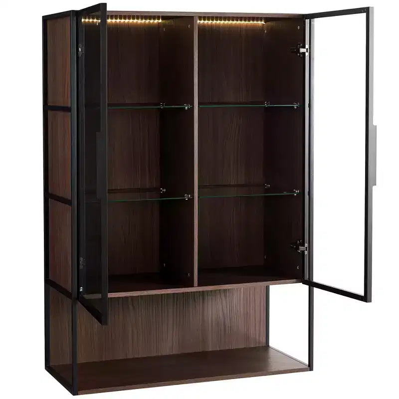Meuble d'exposition lumineux à LED de 130 cm de haut avec porte en verre trempé, bibliothèque moderne avec cadre en métal pour salon, bureau/cabinet d'étude, noir - ModernLuxe