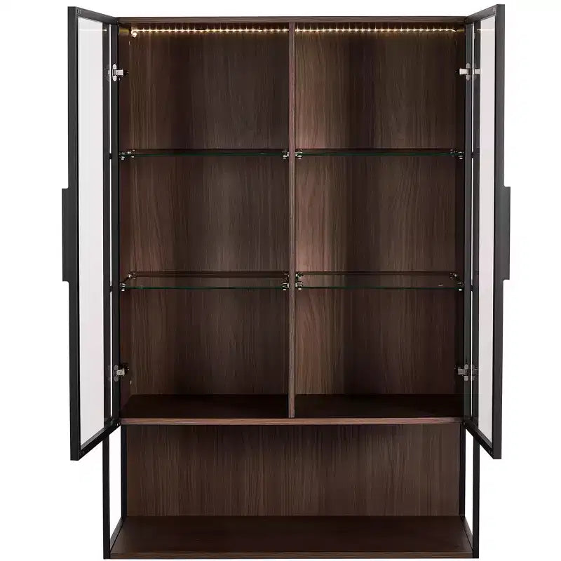 Meuble d'exposition lumineux à LED de 130 cm de haut avec porte en verre trempé, bibliothèque moderne avec cadre en métal pour salon, bureau/cabinet d'étude, noir - ModernLuxe