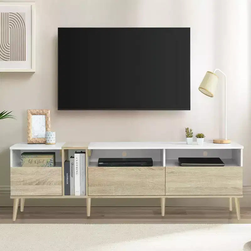 Modern TV Stand TV Console Media Console Entertainment Center with 3 Drawers and Open Shelves for TVs Up to 70, White+Natural-ModernLuxe