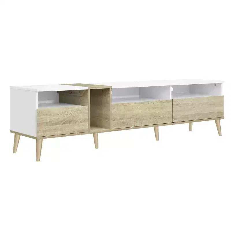 Meuble TV moderne, console TV, centre de divertissement avec 3 tiroirs et étagères ouvertes pour TV jusqu'à 70 pouces, Blanc+Naturel-ModernLuxe