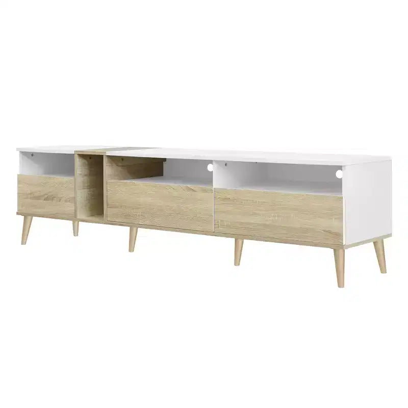 Meuble TV moderne, console TV, centre de divertissement avec 3 tiroirs et étagères ouvertes pour TV jusqu'à 70 pouces, Blanc+Naturel-ModernLuxe