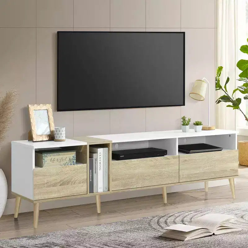 Meuble TV moderne, console TV, centre de divertissement avec 3 tiroirs et étagères ouvertes pour TV jusqu'à 70 pouces, Blanc+Naturel-ModernLuxe