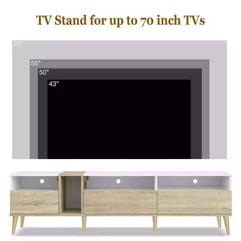 Meuble TV moderne, console TV, centre de divertissement avec 3 tiroirs et étagères ouvertes pour TV jusqu'à 70 pouces, Blanc+Naturel-ModernLuxe