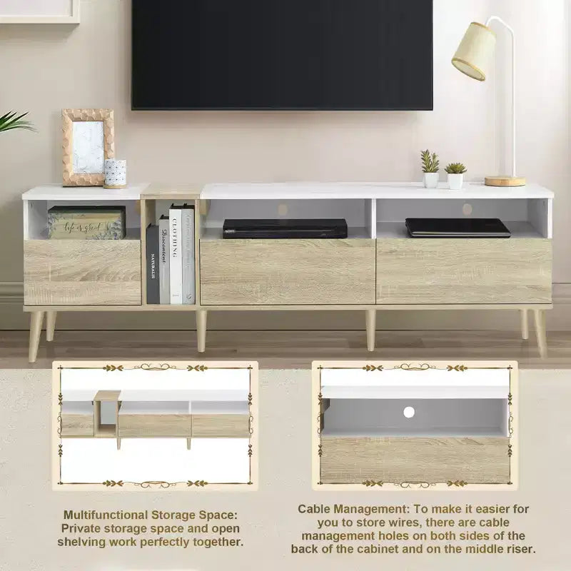 Meuble TV moderne, console TV, centre de divertissement avec 3 tiroirs et étagères ouvertes pour TV jusqu'à 70 pouces, Blanc+Naturel-ModernLuxe