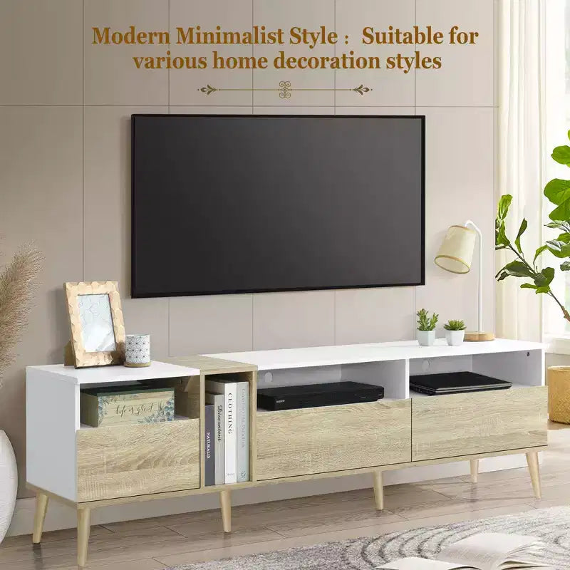 Meuble TV moderne, console TV, centre de divertissement avec 3 tiroirs et étagères ouvertes pour TV jusqu'à 70 pouces, Blanc+Naturel-ModernLuxe