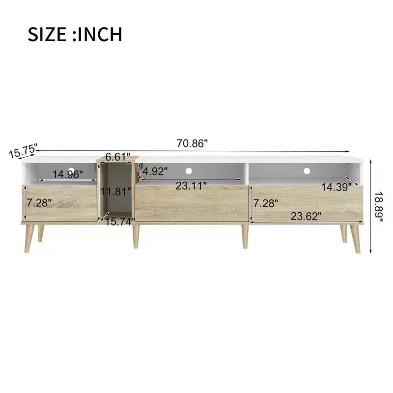 Meuble TV moderne, console TV, centre de divertissement avec 3 tiroirs et étagères ouvertes pour TV jusqu'à 70 pouces, Blanc+Naturel-ModernLuxe