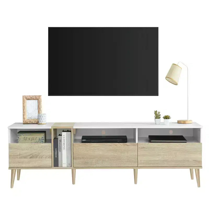 Meuble TV moderne, console TV, centre de divertissement avec 3 tiroirs et étagères ouvertes pour TV jusqu'à 70 pouces, Blanc+Naturel-ModernLuxe