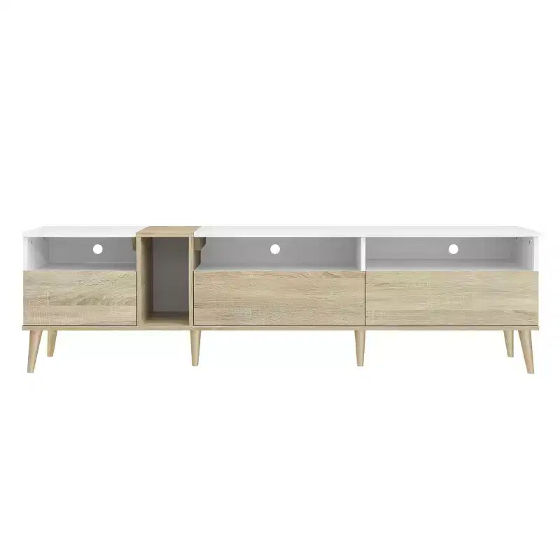 Meuble TV moderne, console TV, centre de divertissement avec 3 tiroirs et étagères ouvertes pour TV jusqu'à 70 pouces, Blanc+Naturel-ModernLuxe