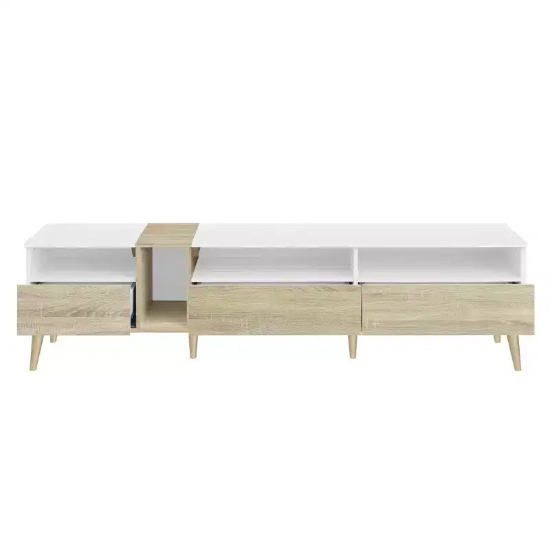 Meuble TV moderne, console TV, centre de divertissement avec 3 tiroirs et étagères ouvertes pour TV jusqu'à 70 pouces, Blanc+Naturel-ModernLuxe