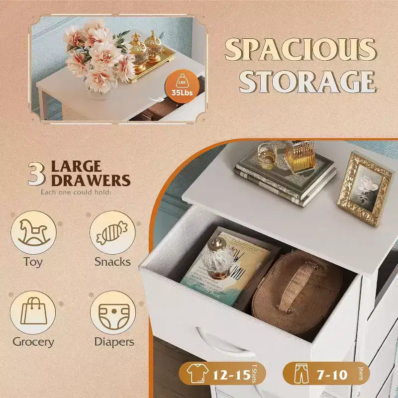 Commode en tissu à 3 tiroirs, table de chevet avec roulettes, unité de rangement organisatrice pour chambre à coucher, bureau, placards, cadre en acier robuste