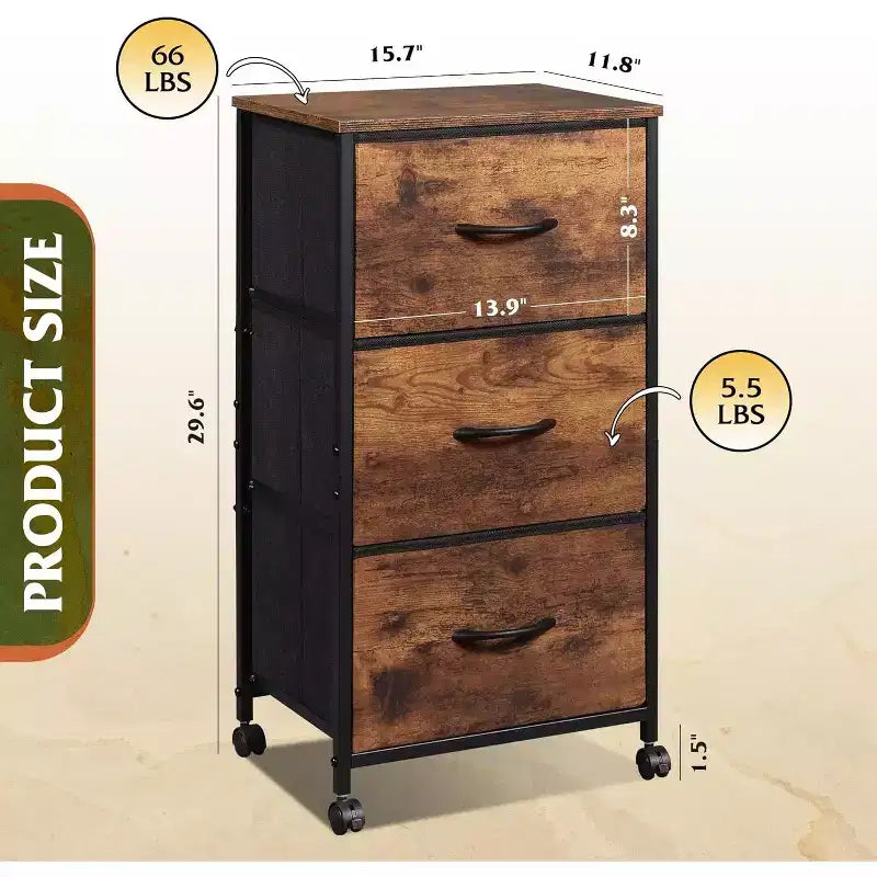 Commode en tissu à 3 tiroirs, table de chevet avec roulettes, unité de rangement organisatrice pour chambre à coucher, bureau, placards, cadre en acier robuste