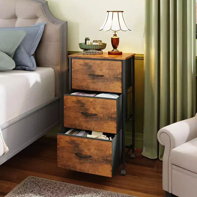 3-Drawer Fabric Dresser, Nightstand Cabinet with Wheels, Organizer Storage Unit for Bedroom, Office, Closets, Sturdy Steel Frame