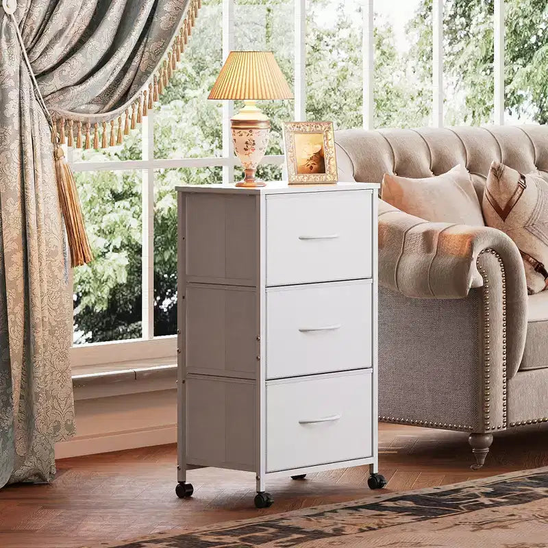 Commode en tissu à 3 tiroirs, table de chevet avec roulettes, unité de rangement organisatrice pour chambre à coucher, bureau, placards, cadre en acier robuste