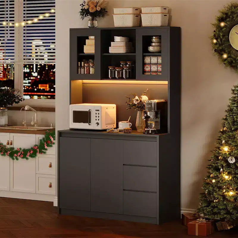 Whizmax Kitchen Pantry Cabinet with LED Lights and Charging Station, Tall Storage Cabinet with Countertop, Pantry with Drawer and Glass Doors