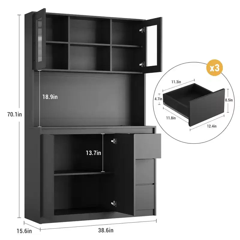 Armoire de cuisine avec lumières LED et station de charge, Grand placard de rangement avec plan de travail, Garde-manger avec tiroir et portes en verre