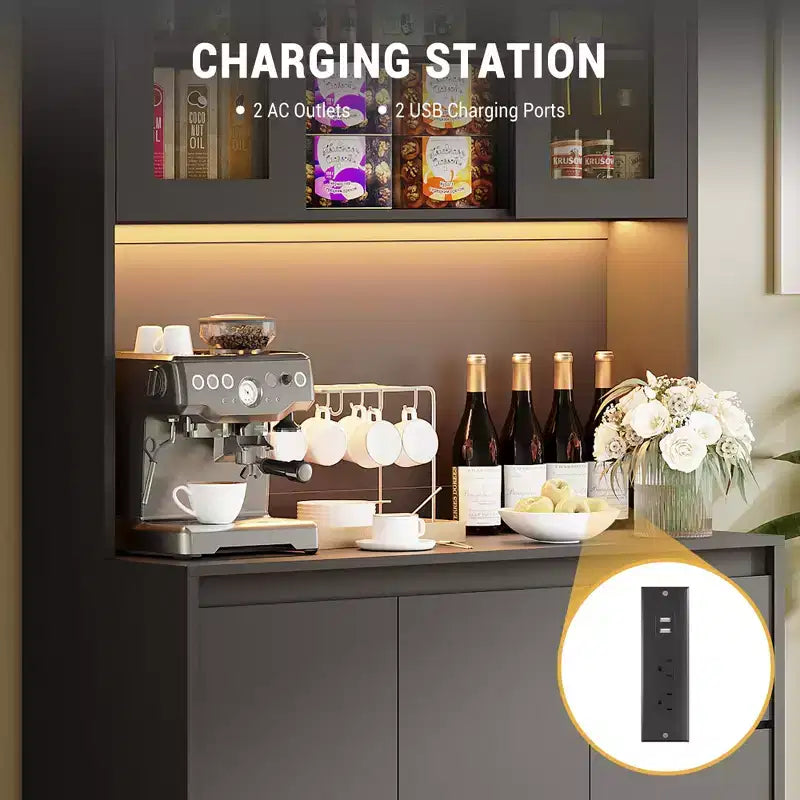 Armoire de cuisine avec lumières LED et station de charge, Grand placard de rangement avec plan de travail, Garde-manger avec tiroir et portes en verre