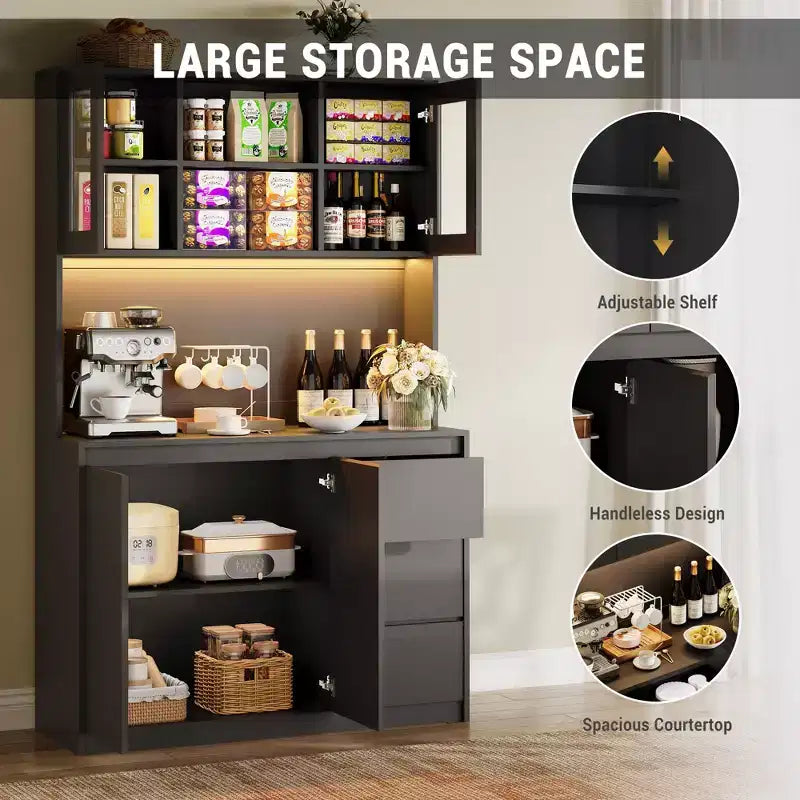 Armoire de cuisine avec lumières LED et station de charge, Grand placard de rangement avec plan de travail, Garde-manger avec tiroir et portes en verre