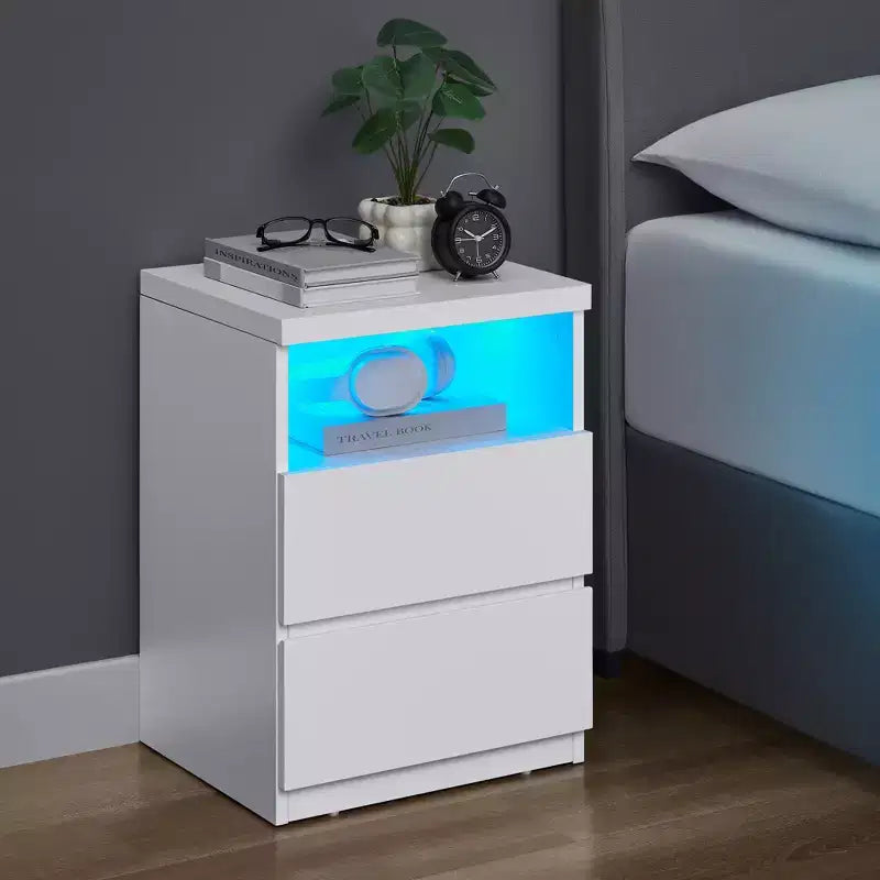 Minimalist Nightstand with Adjustable LED Lighting, 2 Storage Drawers, Compact Side Table - White
