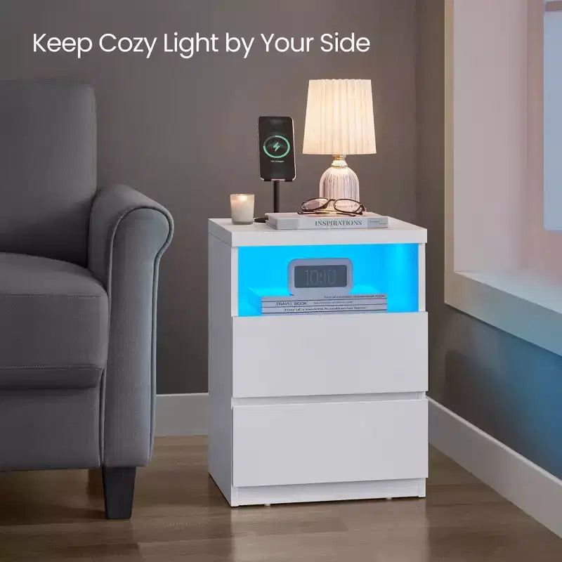 Table de chevet minimaliste avec éclairage LED réglable, 2 tiroirs de rangement, table d'appoint compacte - Blanc