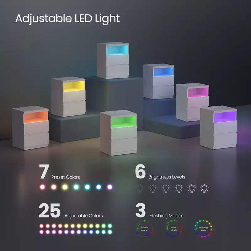 Table de chevet minimaliste avec éclairage LED réglable, 2 tiroirs de rangement, table d'appoint compacte - Blanc