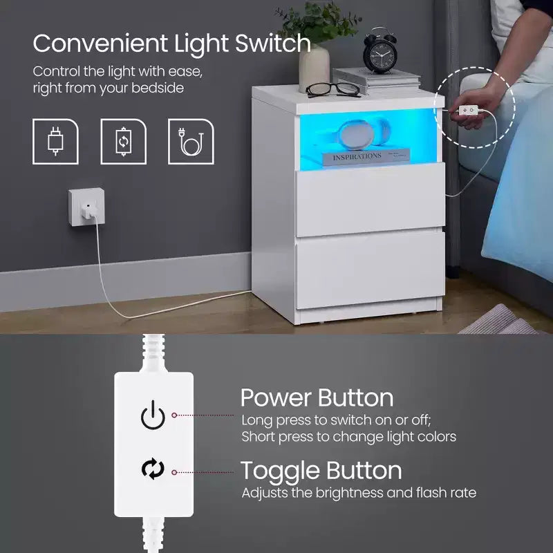 Table de chevet minimaliste avec éclairage LED réglable, 2 tiroirs de rangement, table d'appoint compacte - Blanc