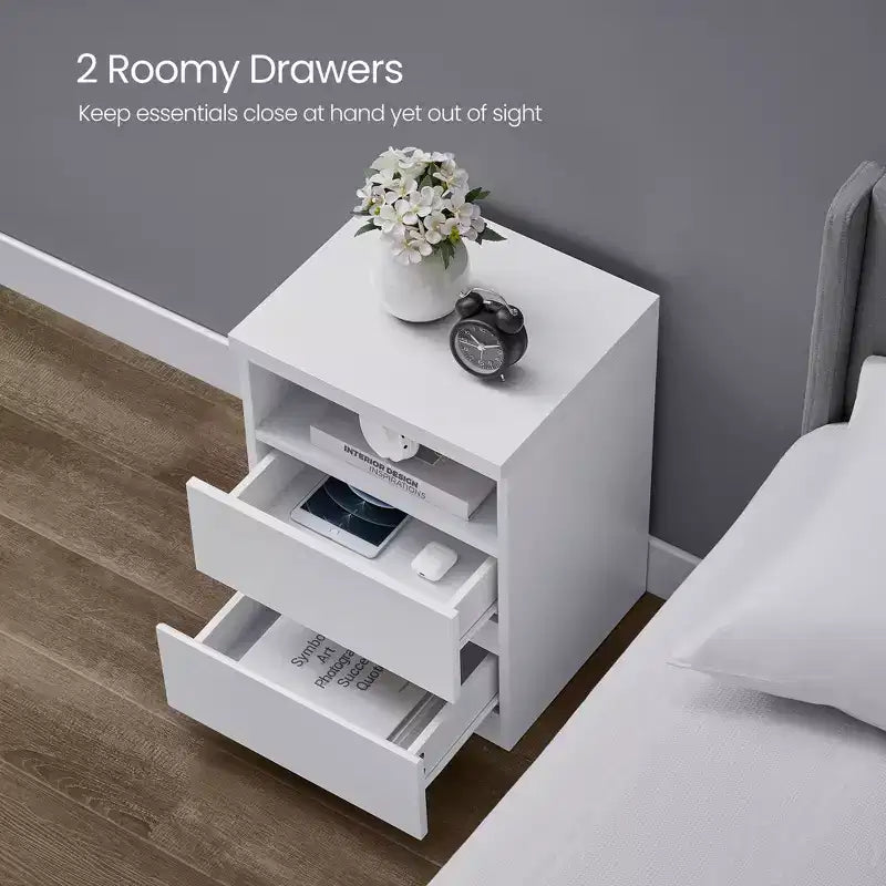 Table de chevet minimaliste avec éclairage LED réglable, 2 tiroirs de rangement, table d'appoint compacte - Blanc