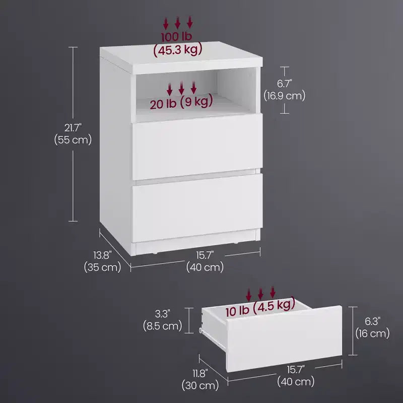 Table de chevet minimaliste avec éclairage LED réglable, 2 tiroirs de rangement, table d'appoint compacte - Blanc