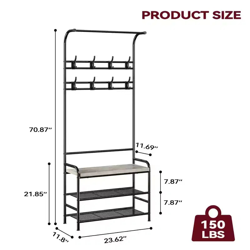 Porte-manteau, banc à chaussures, meuble d'entrée 3-en-1 avec étagère de rangement à 3 niveaux et 8 crochets, organisateur de chaussures autoportant pour entrée, chambre à coucher