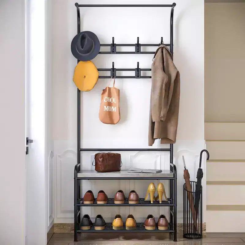 Porte-manteau, banc à chaussures, meuble d'entrée 3-en-1 avec étagère de rangement à 3 niveaux et 8 crochets, organisateur de chaussures autoportant pour entrée, chambre à coucher