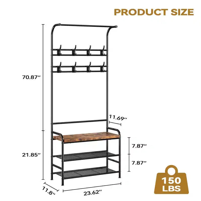 Porte-manteau, banc à chaussures, meuble d'entrée 3-en-1 avec étagère de rangement à 3 niveaux et 8 crochets, organisateur de chaussures autoportant pour entrée, chambre à coucher