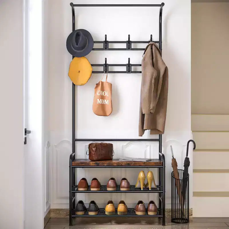 Porte-manteau, banc à chaussures, meuble d'entrée 3-en-1 avec étagère de rangement à 3 niveaux et 8 crochets, organisateur de chaussures autoportant pour entrée, chambre à coucher