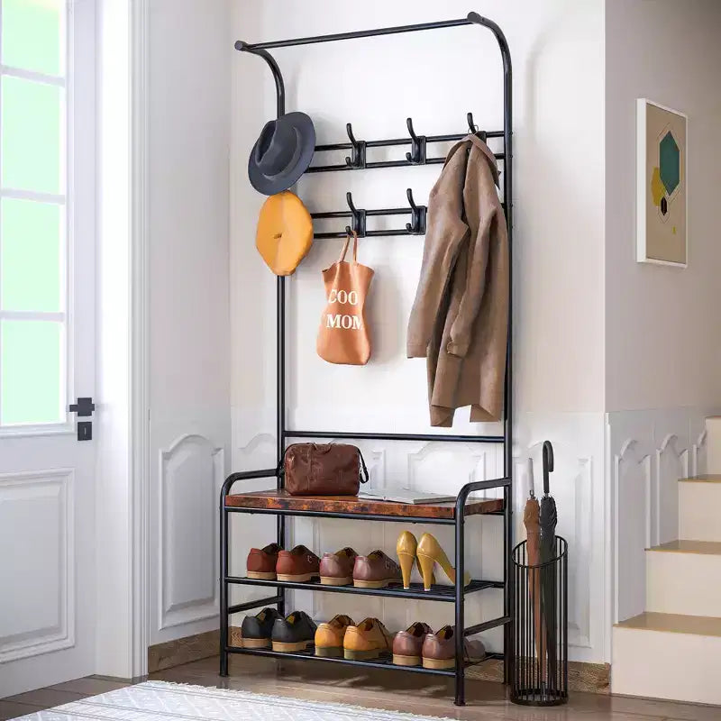 Porte-manteau, banc à chaussures, meuble d'entrée 3-en-1 avec étagère de rangement à 3 niveaux et 8 crochets, organisateur de chaussures autoportant pour entrée, chambre à coucher