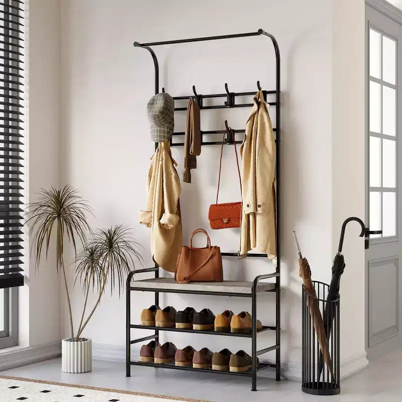 YESFASHION Coat Rack, Shoe Bench, 3in1 Hall Tree Shoe Rack, 3-Tier Storage Shelf and 8 Hooks, Freestanding Shoe Racks Organizer for Entryway, Bedroom