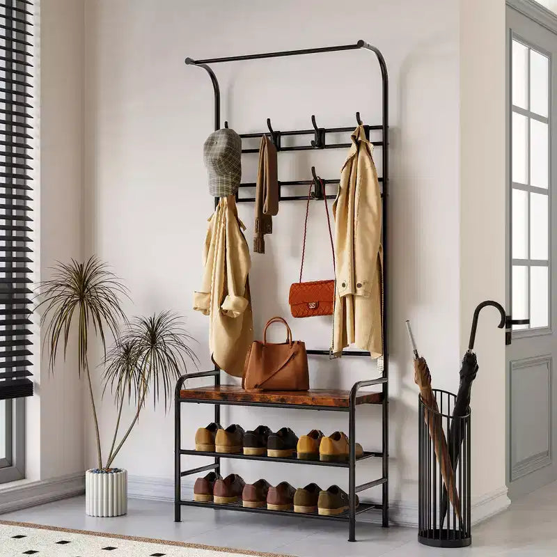 Porte-manteau, banc à chaussures, meuble d'entrée 3-en-1 avec étagère de rangement à 3 niveaux et 8 crochets, organisateur de chaussures autoportant pour entrée, chambre à coucher