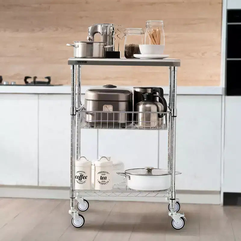 Chariot de Cuisine, 3 Niveaux, Chariot Roulant en Fil Métallique avec Capacité de 213 kg, Chariot de Service en Acier sur Roues, Desserte de Rangement en Métal, Argent