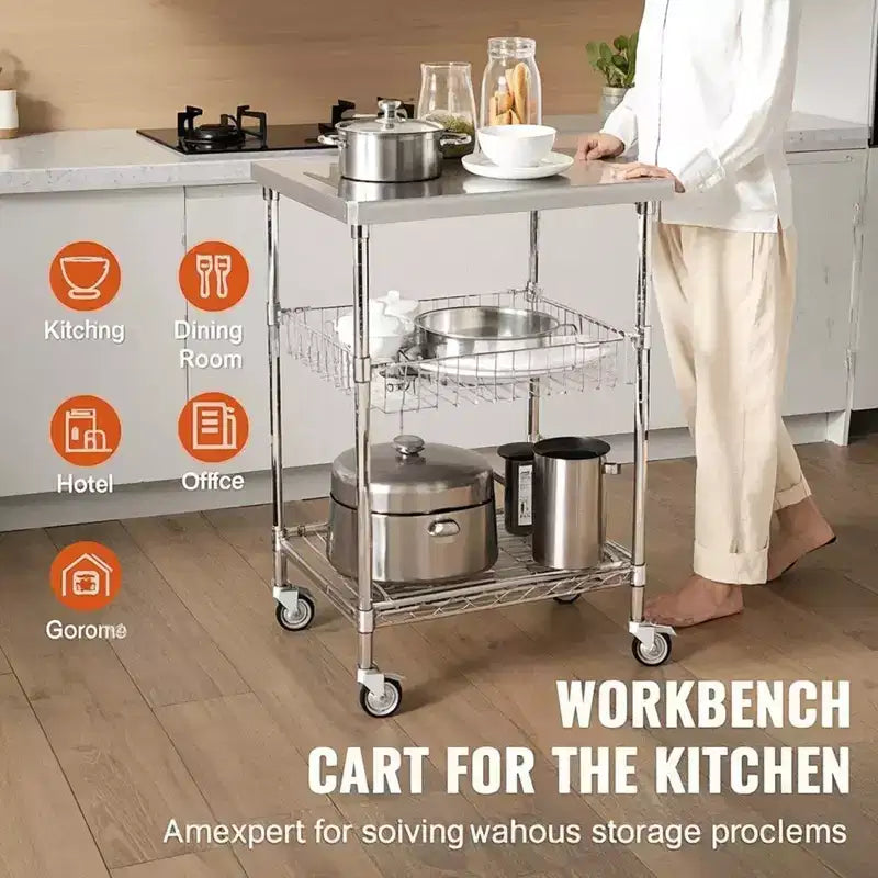 Chariot de Cuisine, 3 Niveaux, Chariot Roulant en Fil Métallique avec Capacité de 213 kg, Chariot de Service en Acier sur Roues, Desserte de Rangement en Métal, Argent