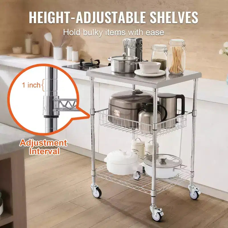 Chariot de Cuisine, 3 Niveaux, Chariot Roulant en Fil Métallique avec Capacité de 213 kg, Chariot de Service en Acier sur Roues, Desserte de Rangement en Métal, Argent