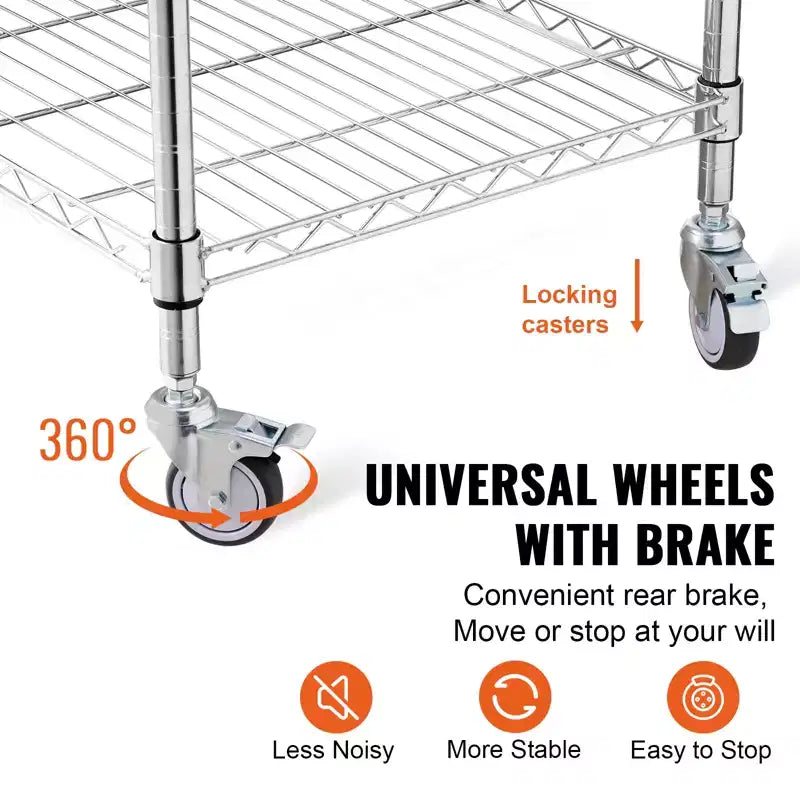 Chariot de Cuisine, 3 Niveaux, Chariot Roulant en Fil Métallique avec Capacité de 213 kg, Chariot de Service en Acier sur Roues, Desserte de Rangement en Métal, Argent