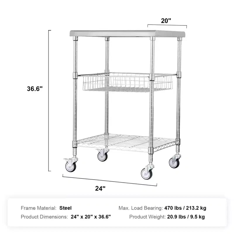 Chariot de Cuisine, 3 Niveaux, Chariot Roulant en Fil Métallique avec Capacité de 213 kg, Chariot de Service en Acier sur Roues, Desserte de Rangement en Métal, Argent