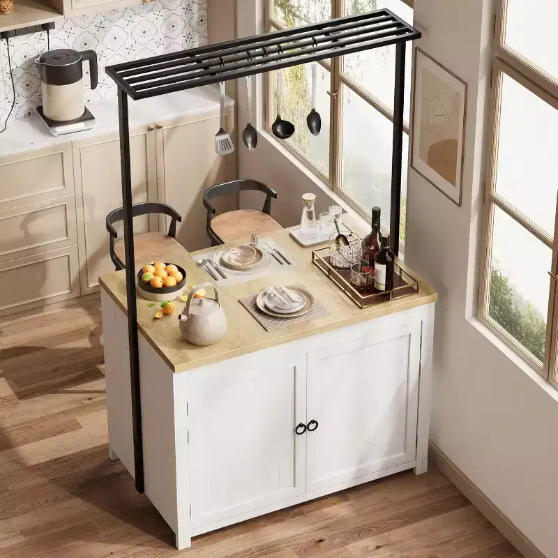 41 îlot de cuisine avec rangement, chariot de cuisine multifonctionnel avec étagères à 2 niveaux, 5 crochets