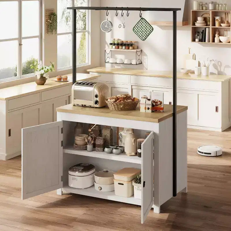 41 îlot de cuisine avec rangement, chariot de cuisine multifonctionnel avec étagères à 2 niveaux, 5 crochets