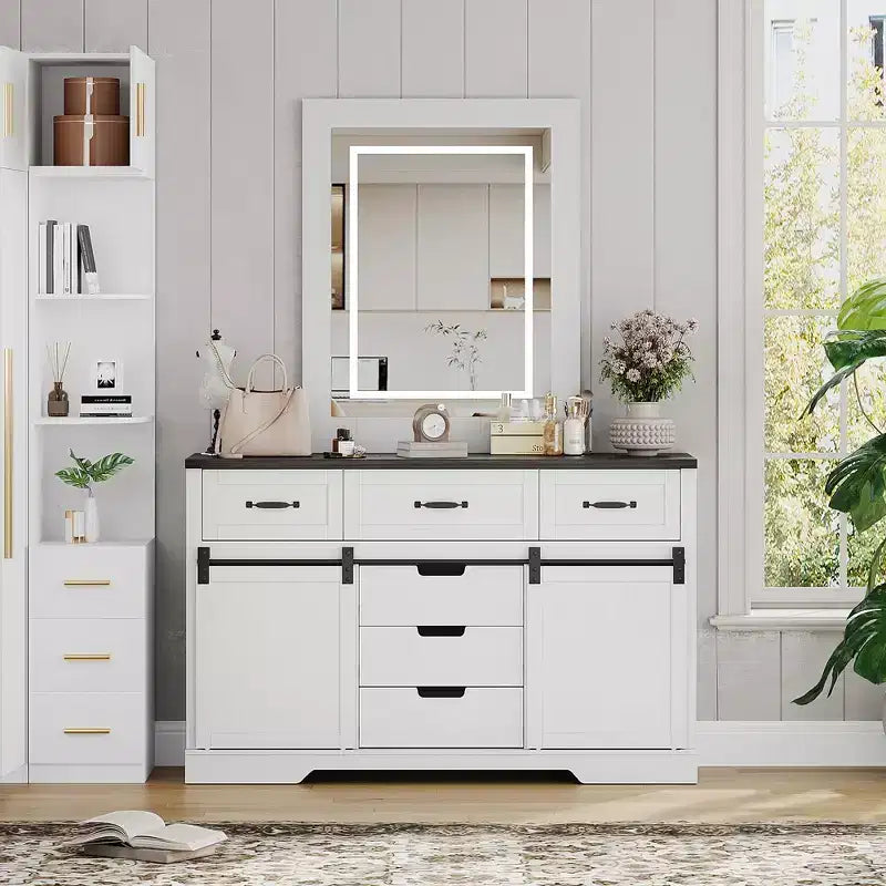 47.2 Farmhouse Buffet Cabinet, with 6 Drawers, 2 Sliding Barn Doors, Rustic Organizer, for Dinning Room, Kitchen, Living Room