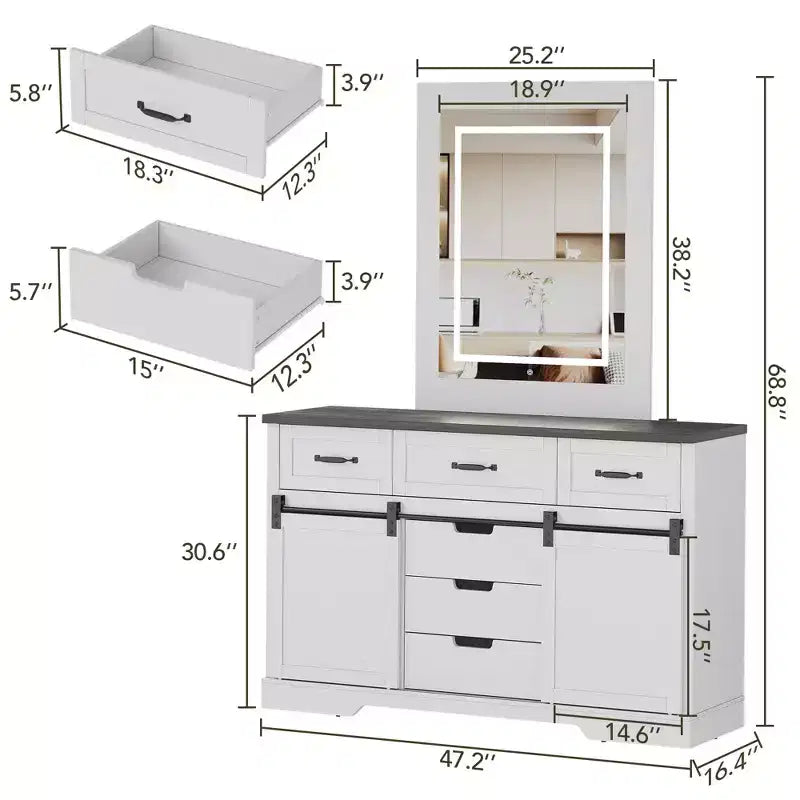 47.2 Armoire de buffet de ferme, avec 6 tiroirs, 2 portes coulissantes de grange, organisateur rustique, pour salle à manger, cuisine, salon