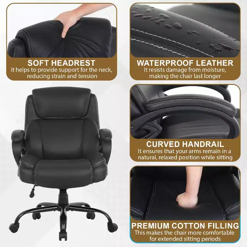 Chaise de Bureau et d'Ordinateur Grande Taille avec Accoudoirs, Noire