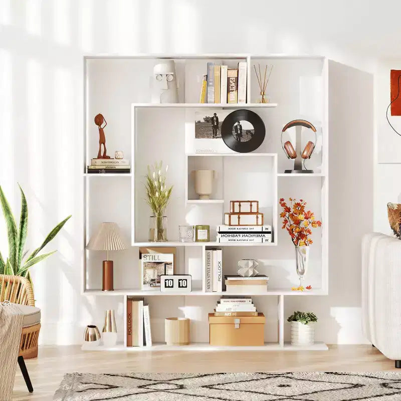 Étagère à 7 niveaux Bibliothèque géométrique avec 2 kits anti-basculement Marron rustique/Blanc