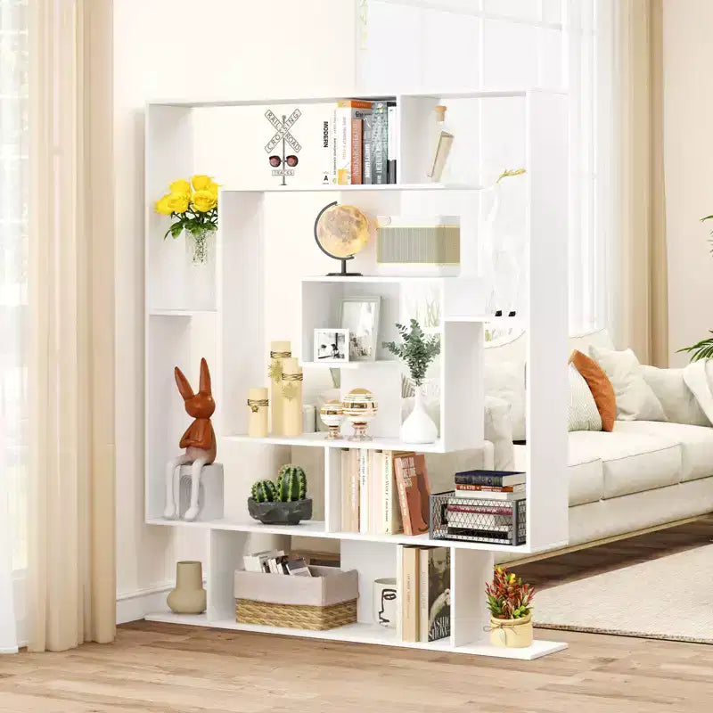 Étagère à 7 niveaux Bibliothèque géométrique avec 2 kits anti-basculement Marron rustique/Blanc