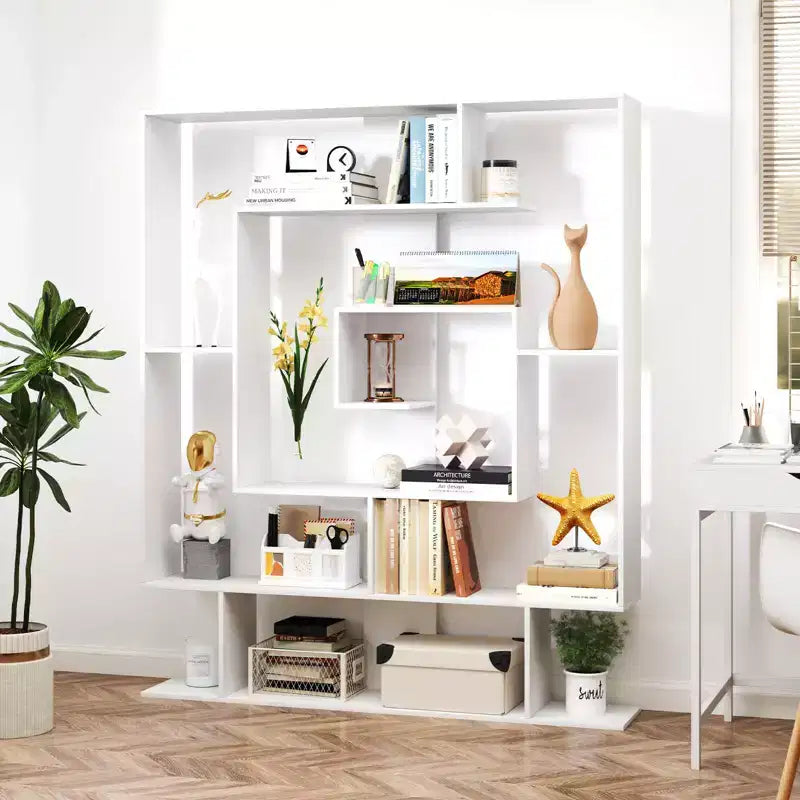 Étagère à 7 niveaux Bibliothèque géométrique avec 2 kits anti-basculement Marron rustique/Blanc